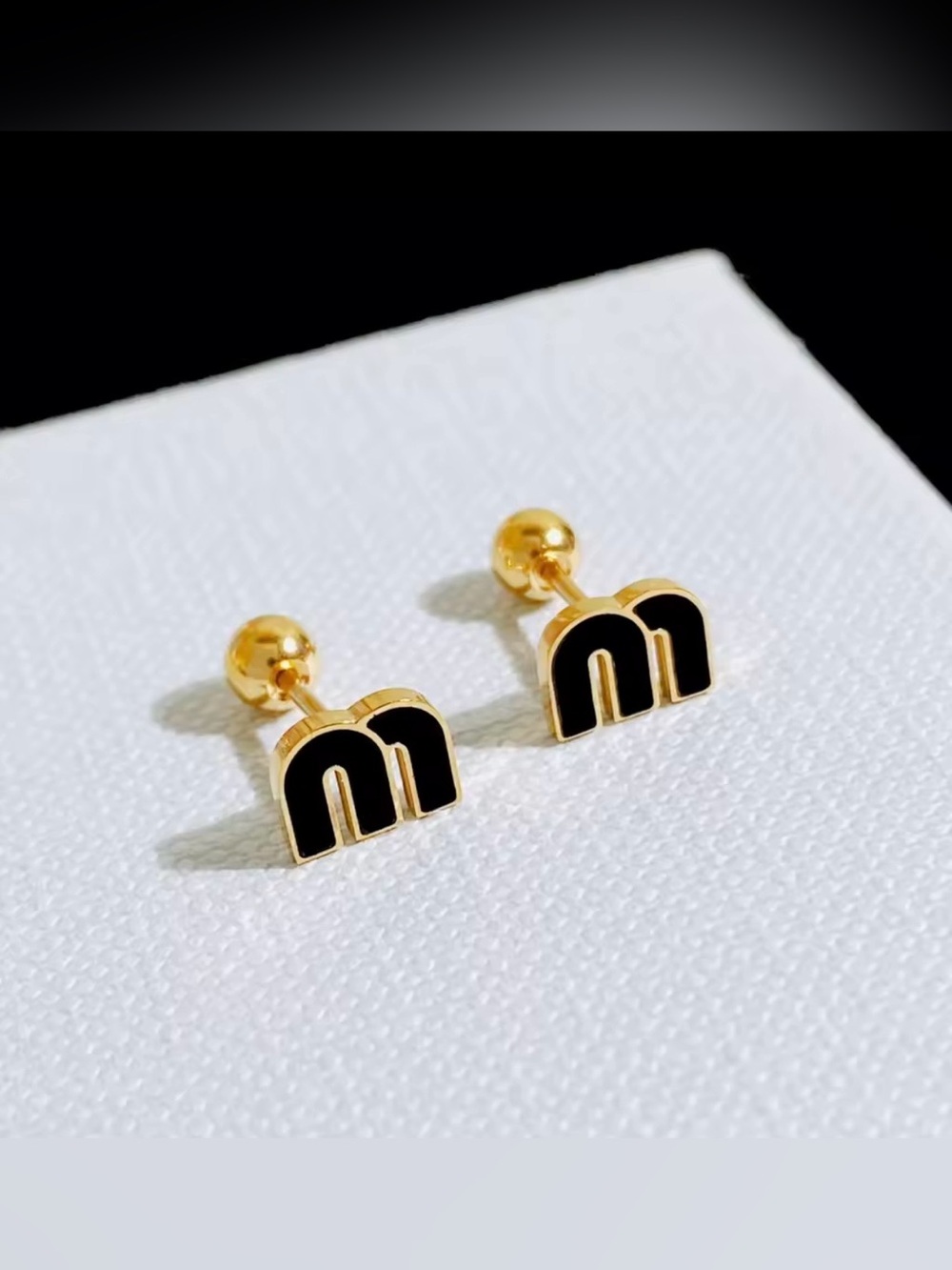 Fashion Jewelry 14K Gold Plated/ Black 'Logo Inspired- M' -Enamel Stud Earrings